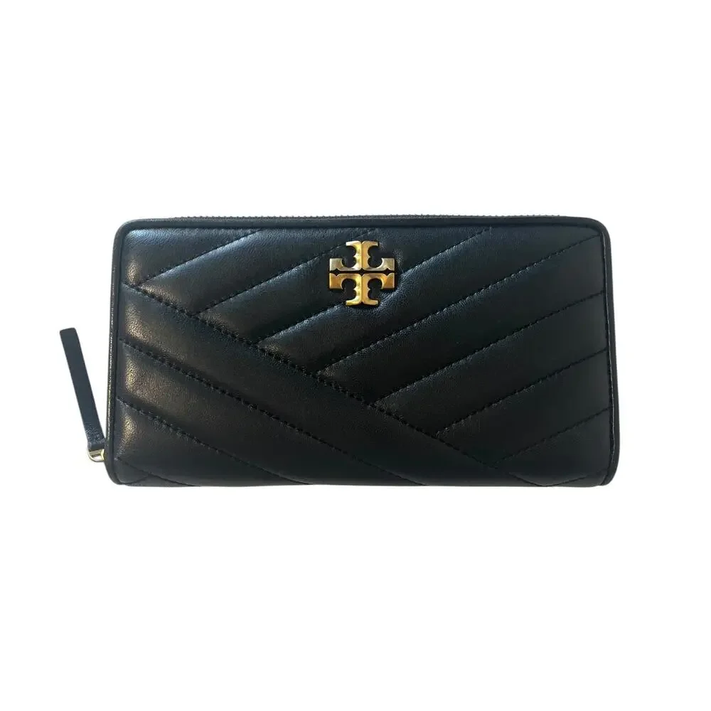 Tory Burch Kira Chevron Quilted Leather Zip Continental Wallet Black Gold